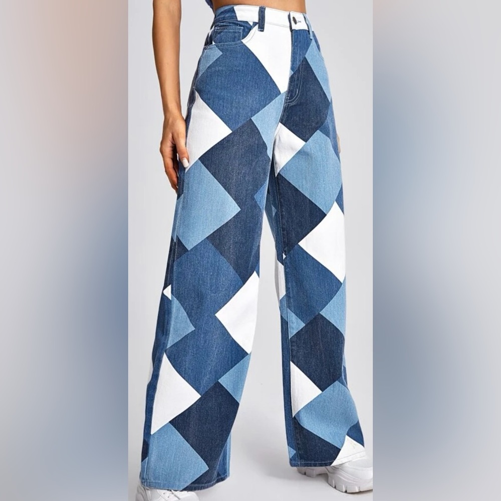 High Waist Diamond Print Wide Leg Jeans